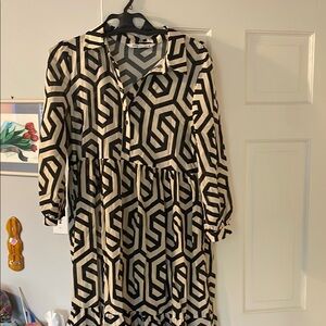 Zara Black and Cream Geometric Long Sleeve Dress
